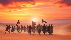 A diverse group symbolizing unity in the exodus journey through a vibrant desert landscape at sunset.