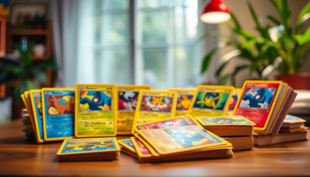 Explore a stunning display of real Pokemon cards highlighting their unique designs and colors.