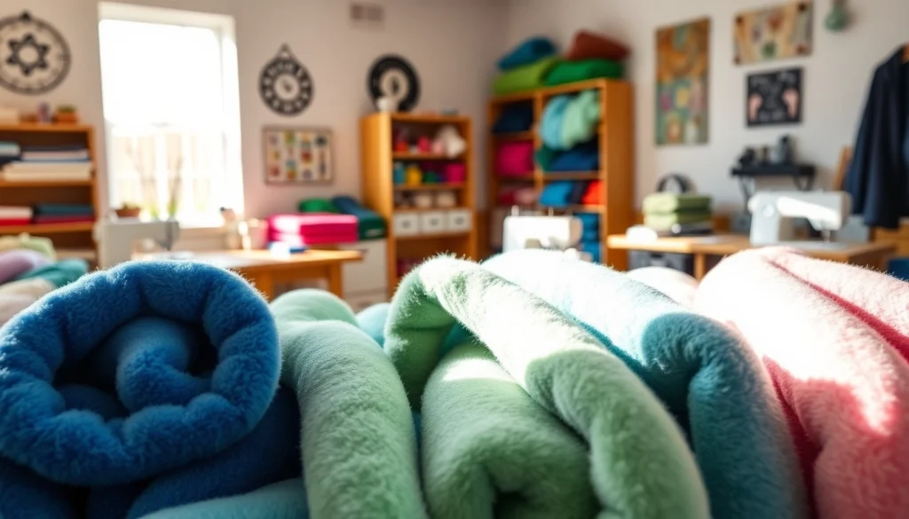 Fleece stof gepresenteerd in een gezellige ambachtelijke studio met kleurrijke materiaal.