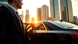 A professional chauffeur offering vip chauffeur service next to a luxury vehicle in an urban setting.