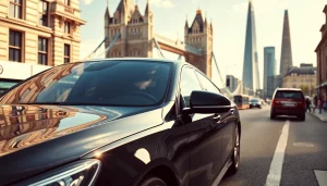 Experience chauffeur hire london in a luxury vehicle parked against London's iconic skyline.
