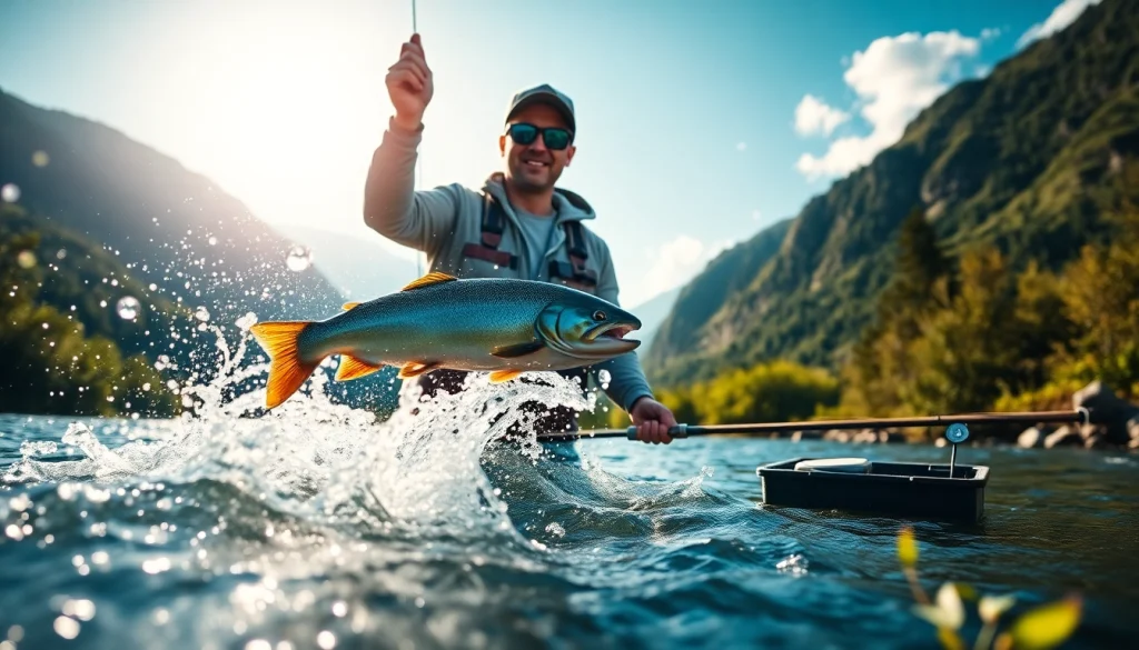 Enjoy Fly fishing lessons near me with an angler showcasing their catch in a beautiful river setting.