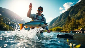 Enjoy Fly fishing lessons near me with an angler showcasing their catch in a beautiful river setting.
