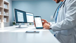 Healthcare professional utilizing eprescription apps for ios on a digital device in a modern clinic.