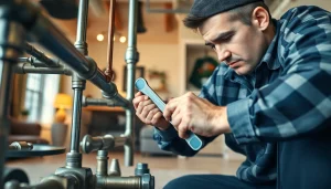 Plumbing expert fixing pipes with intricate tools in a residential setting.