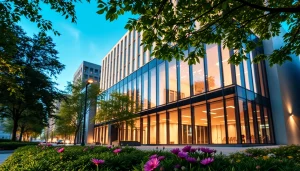 Architekturvisualisierung einer modernen Gebäudeansicht mit strahlend blauem Himmel im Hintergrund.