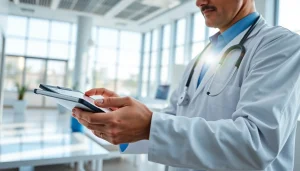 Showcasing the benefits of electronic prescribing, a doctor efficiently manages patient prescriptions using technology.